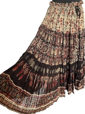 Vintage Indian Skirt Cotton Gauze Block Print 70s Peasant Maxi Can Fit Plus Size